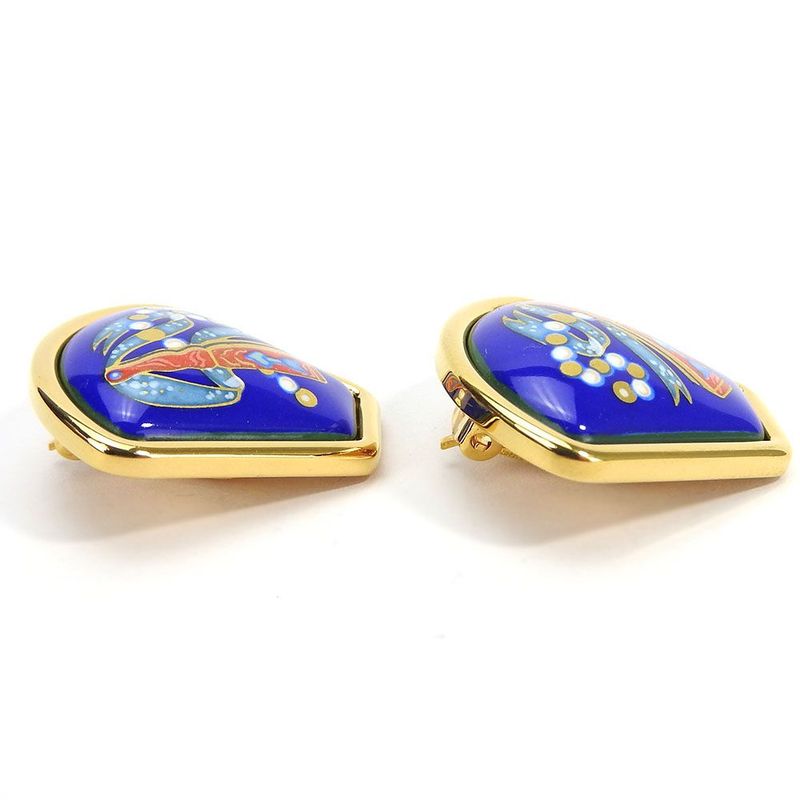 Hermes Earring Emile Blue Gold Cloisonne GP Plating Jewelry Fan Small Fashionabl