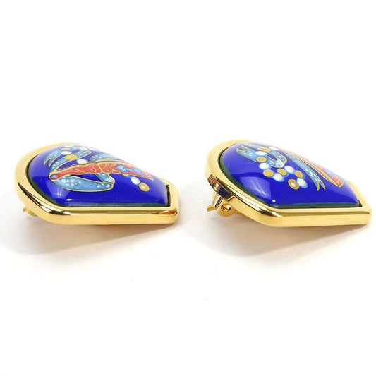 Hermes Earring Emile Blue Gold Cloisonne GP Plating Jewelry Fan Small Fashionabl