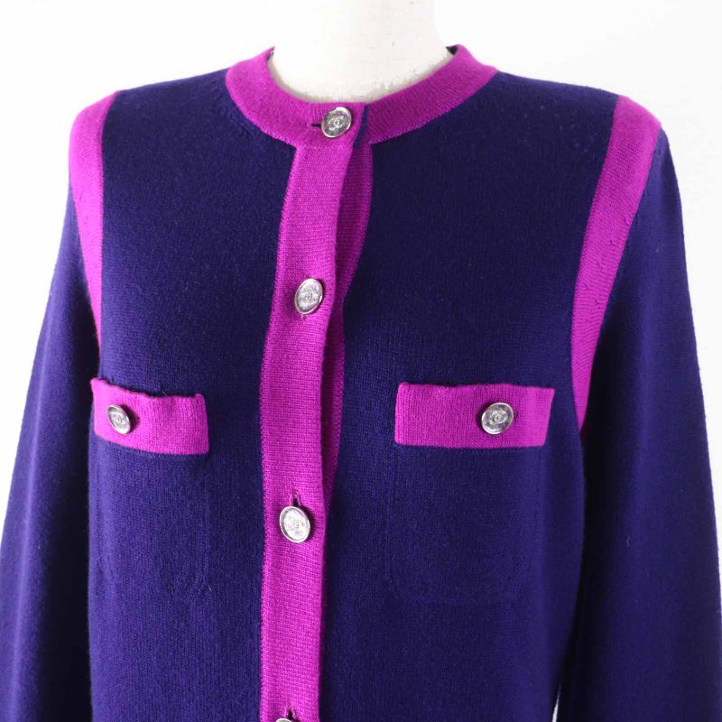 CHANEL 23AW P75656 100% Cashmere Bicolor Long Knit Cardigan With Rhinestone