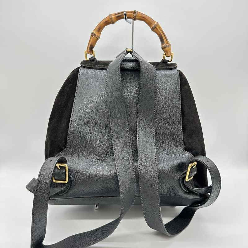 Gucci 003-2058 Bamboo Backpack Daypack Backpack Black Suede Women Men Vintage