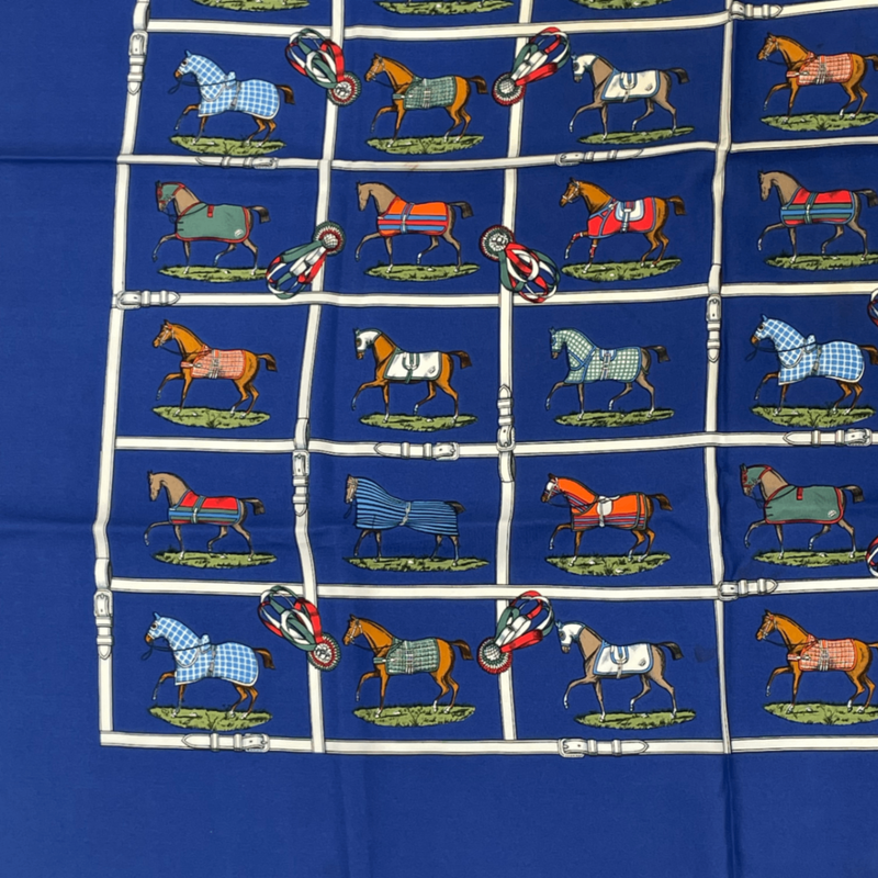 Hermes Silk 48 Horses In Paddock Scarf Blue