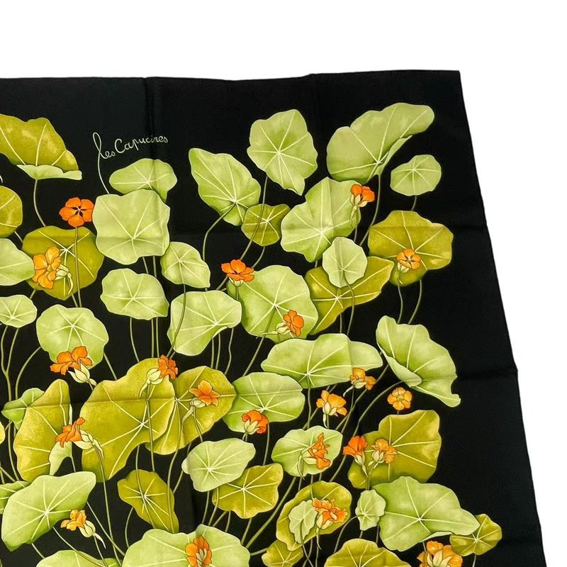 Hermes Carre 90 Silk Scarf LES Capucines Golden Lotus Flower Black