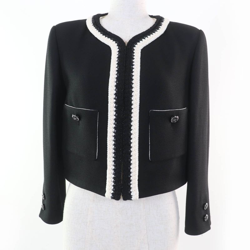 CHANEL 22C P71865v63363 100% Silk Rhinestone Coco Mark Button Collarless Jacket