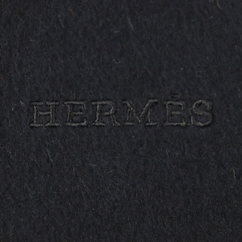 Hermes 100% Cashmere Logo Embroidery Fringed Large Shawl Scarf Black Made In