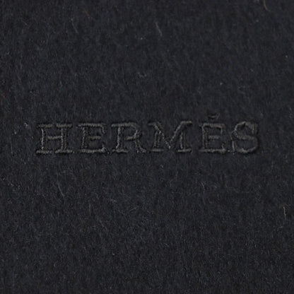 Hermes 100% Cashmere Logo Embroidery Fringed Large Shawl Scarf Black Made In