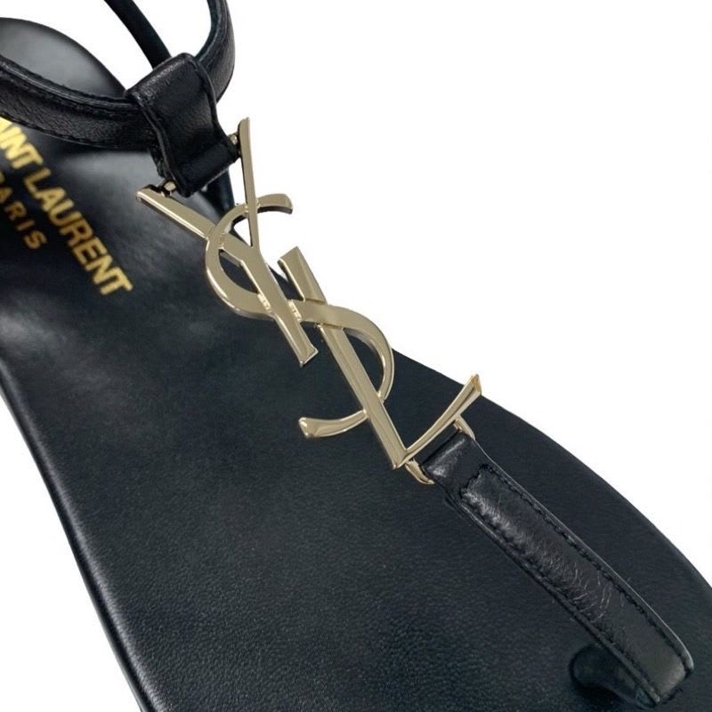 Saint Laurent Cassandra Sandals Shoes Leather Black Gold YSL Hardware Strap