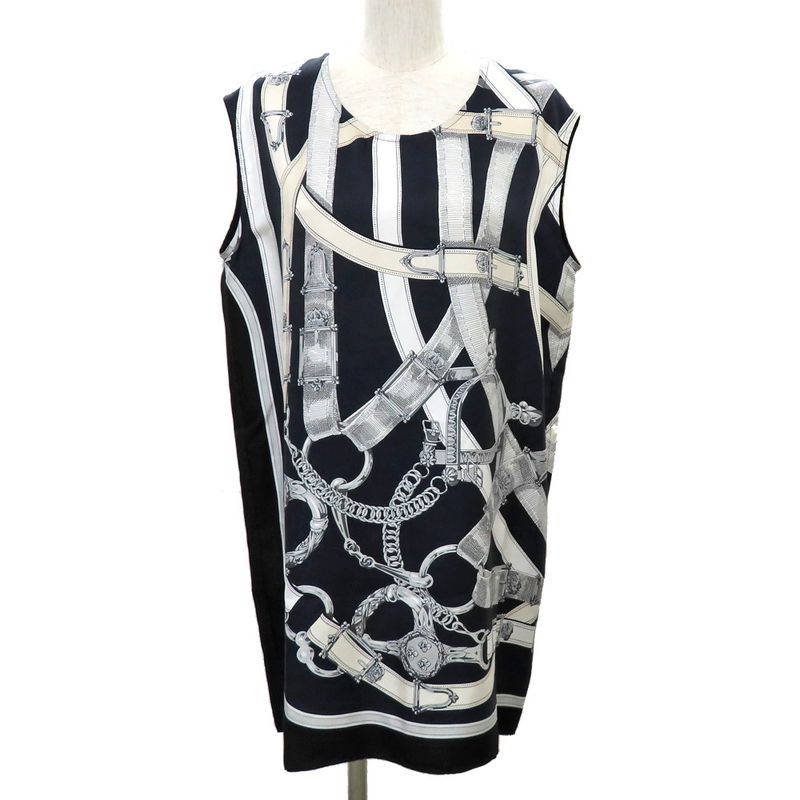Hermes Sleeveless Tops Silk Belt Pattern 36 Navy-black Ladies Apparel