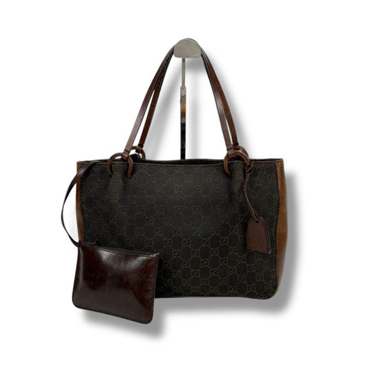 Gucci GG Canvas Leather Mini Tote Handbag With Pouch Brown