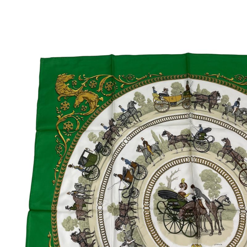 Hermes Scarf Silk Carre 90 LA Promenade DE Longchamps Walk To Ron Chien Green