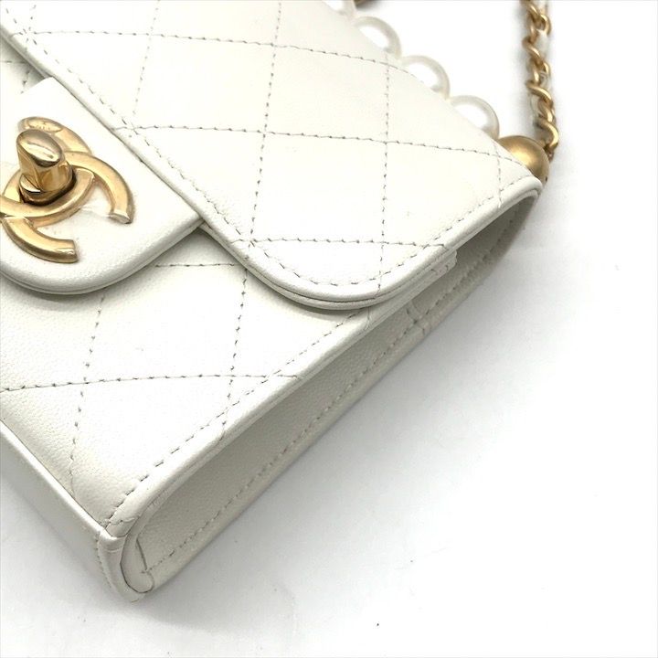 Chanel Mini Quilted Leather Chain Pearl Shoulder Bag White