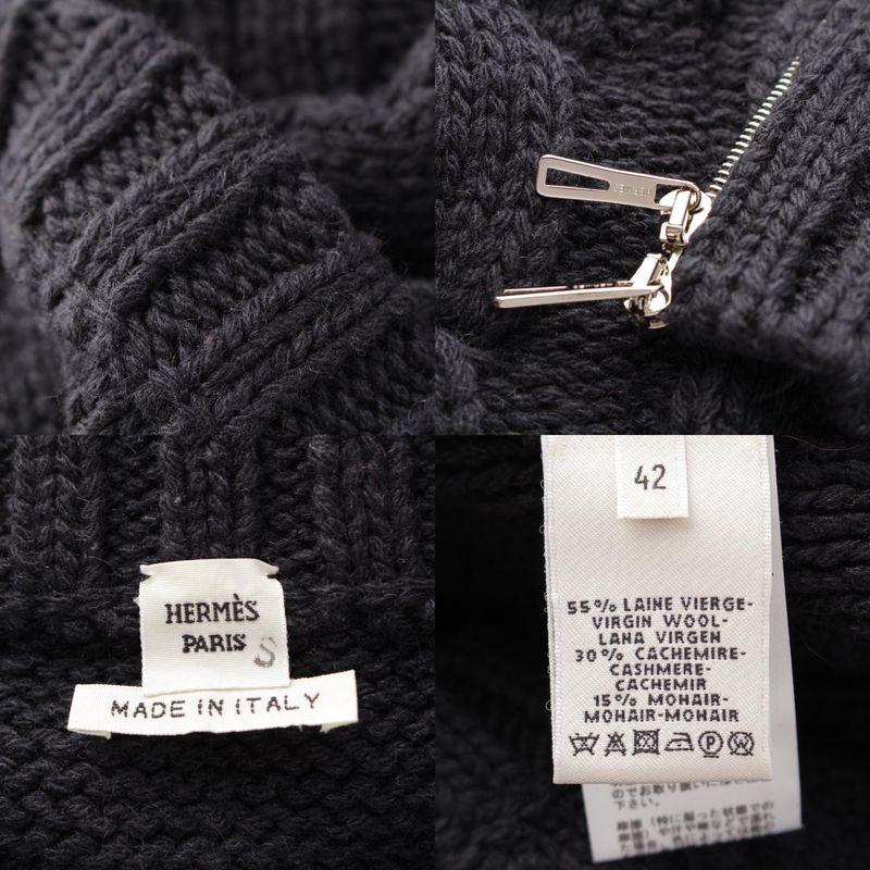 Hermes Wool Cashmere Mix Zip-up Sweater Cable Knit Black 42