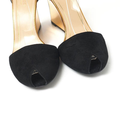 Gucci Sandals Size 37 Mirrored Wedge Sole Ankle Strap Suede Gold Black Shoes