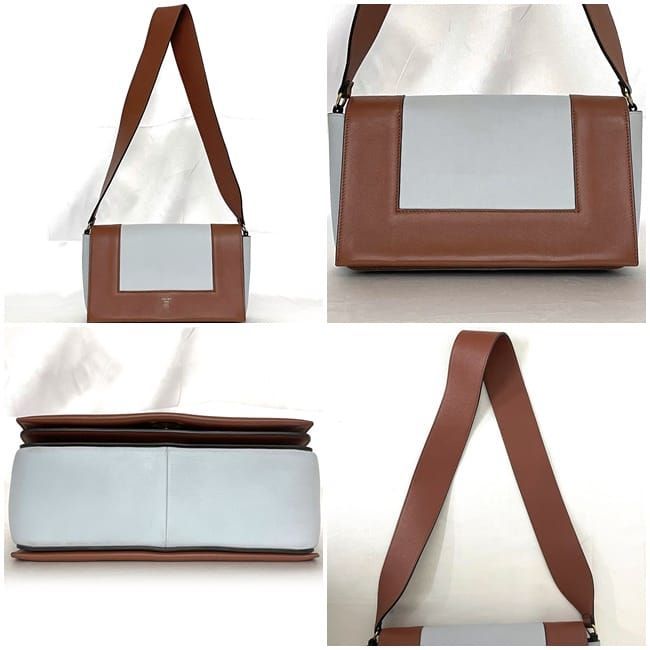 Celine Frame Shoulder Bag Brown Light Blue Excellent Condition Leather