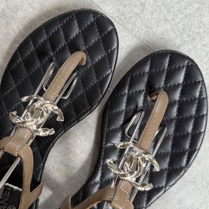 Chanel Thong Sandals Matelasse Coco Mark Flat Shoes Sandals Black Beige Silver