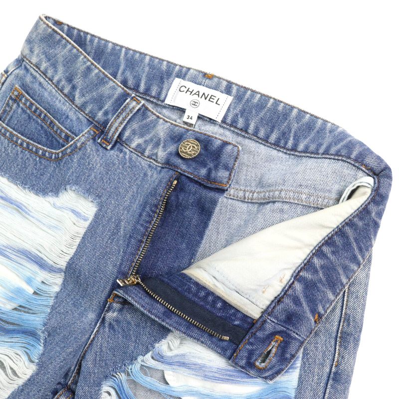CHANEL P60217v46019 100% Cotton Coco Mark Button Damaged Tulle Cropped Denim