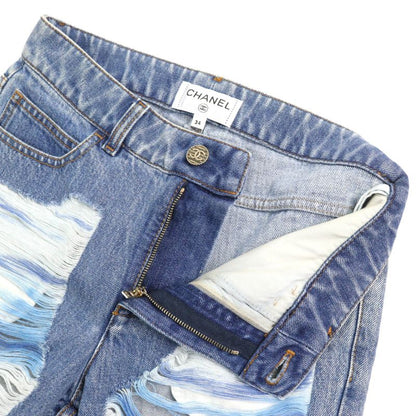 CHANEL P60217v46019 100% Cotton Coco Mark Button Damaged Tulle Cropped Denim