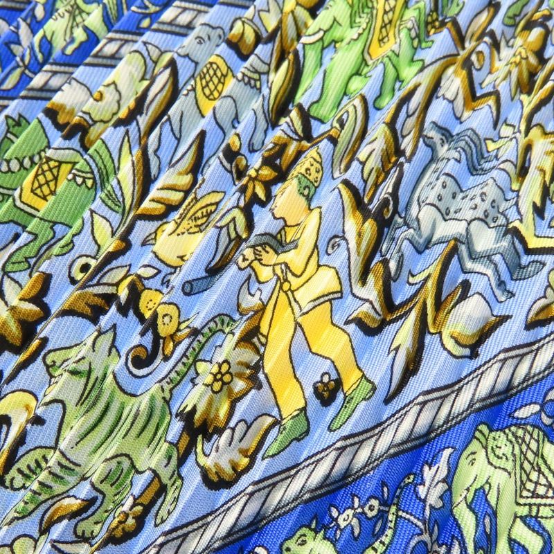 Hermes Scarf Pleated Carre 90 Indian Hunting Chasse EN INDE Silk Blue Multicolor