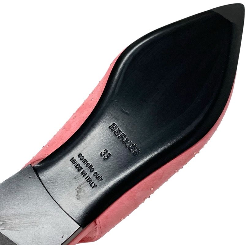 Hermes Flat Shoes Suede Pink Unused Ring Back Rhinestone