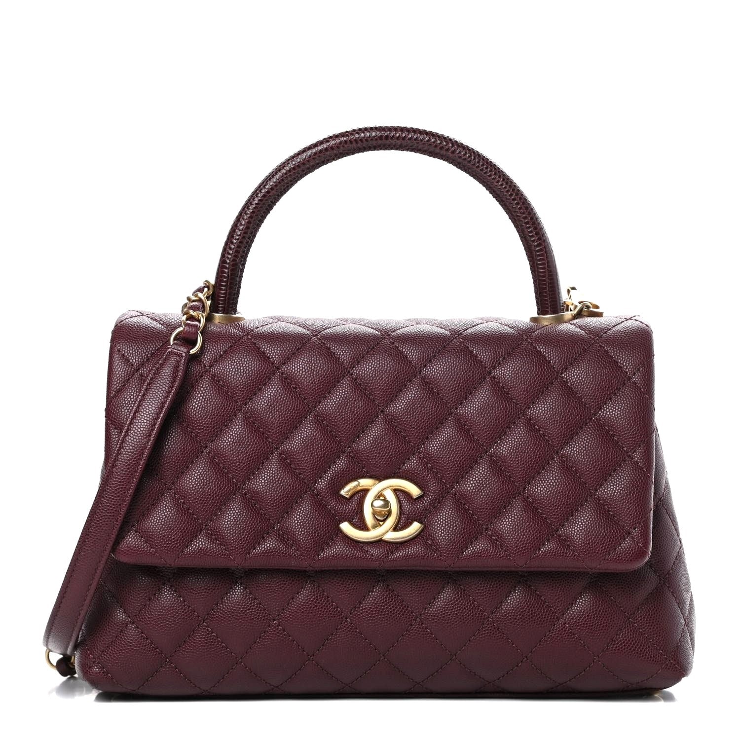 CHANEL Caviar Lizard Embossed Quilted Small Coco Handle Flap Burgundy
