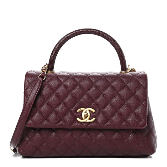 CHANEL Caviar Lizard Embossed Quilted Small Coco Handle Flap Burgundy