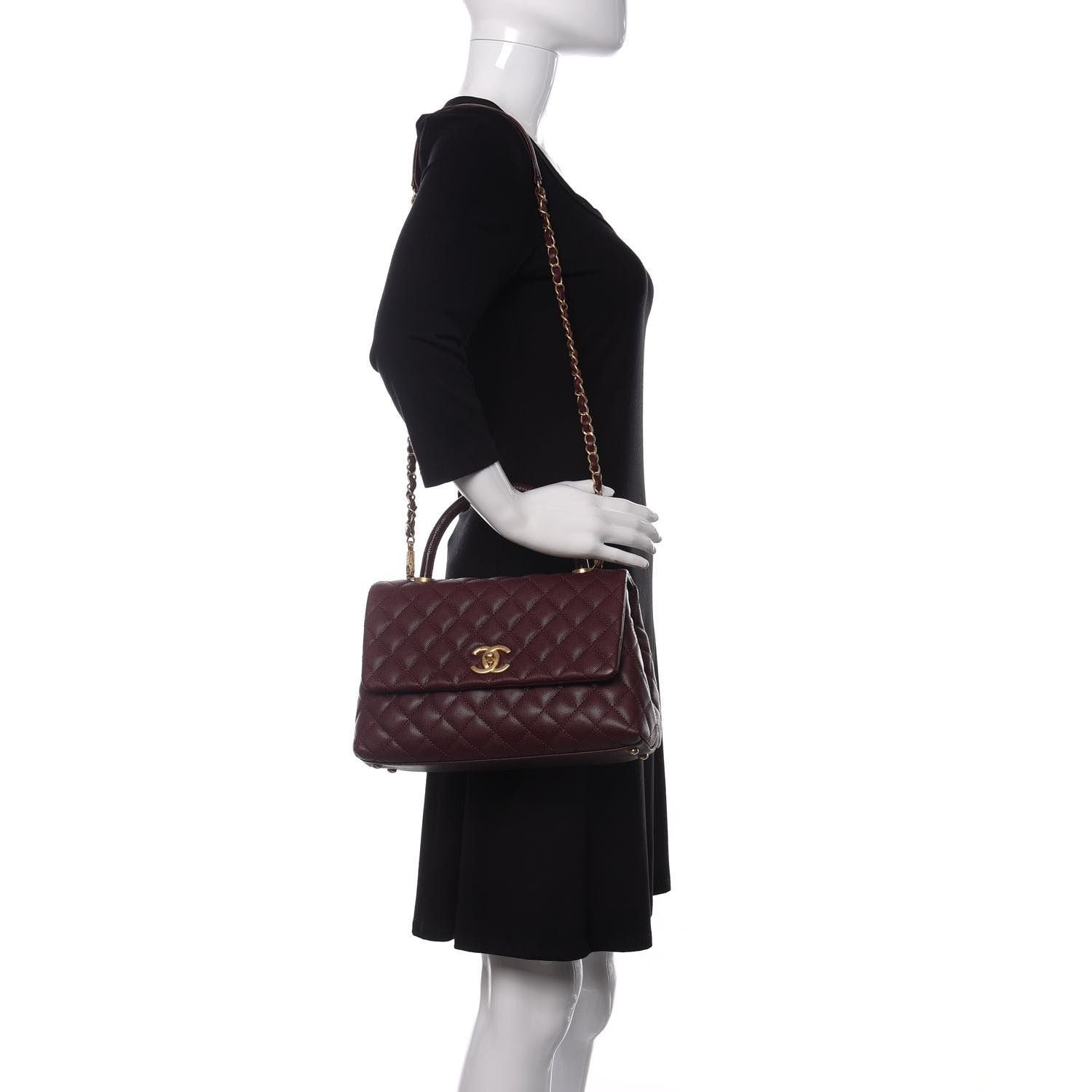 CHANEL Caviar Lizard Embossed Quilted Small Coco Handle Flap Burgundy