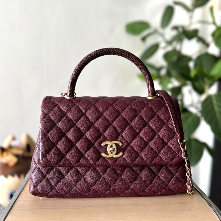 CHANEL Caviar Lizard Embossed Quilted Small Coco Handle Flap Burgundy