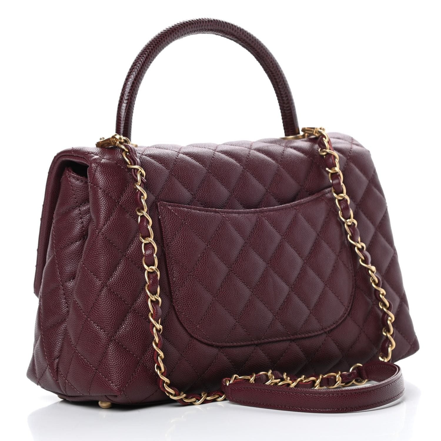 CHANEL Caviar Lizard Embossed Quilted Small Coco Handle Flap Burgundy