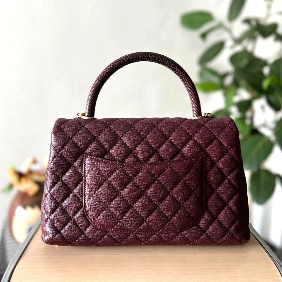 CHANEL Caviar Lizard Embossed Quilted Small Coco Handle Flap Burgundy