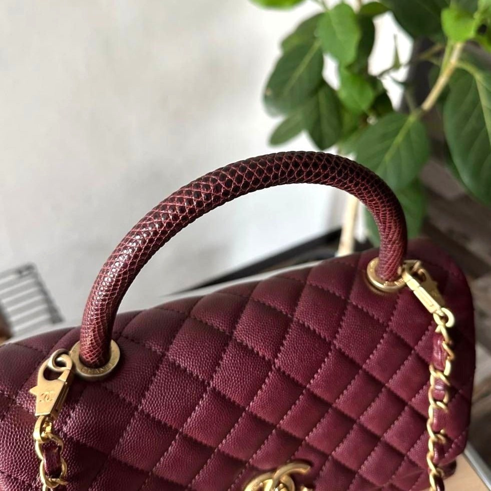 CHANEL Caviar Lizard Embossed Quilted Small Coco Handle Flap Burgundy