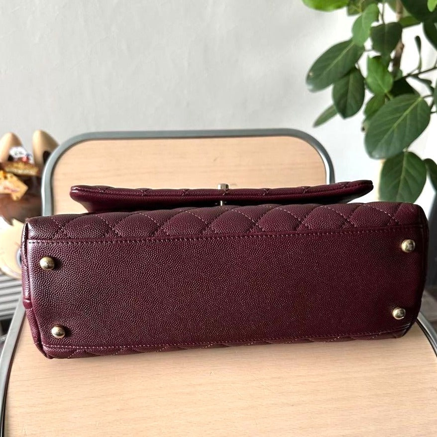 CHANEL Caviar Lizard Embossed Quilted Small Coco Handle Flap Burgundy