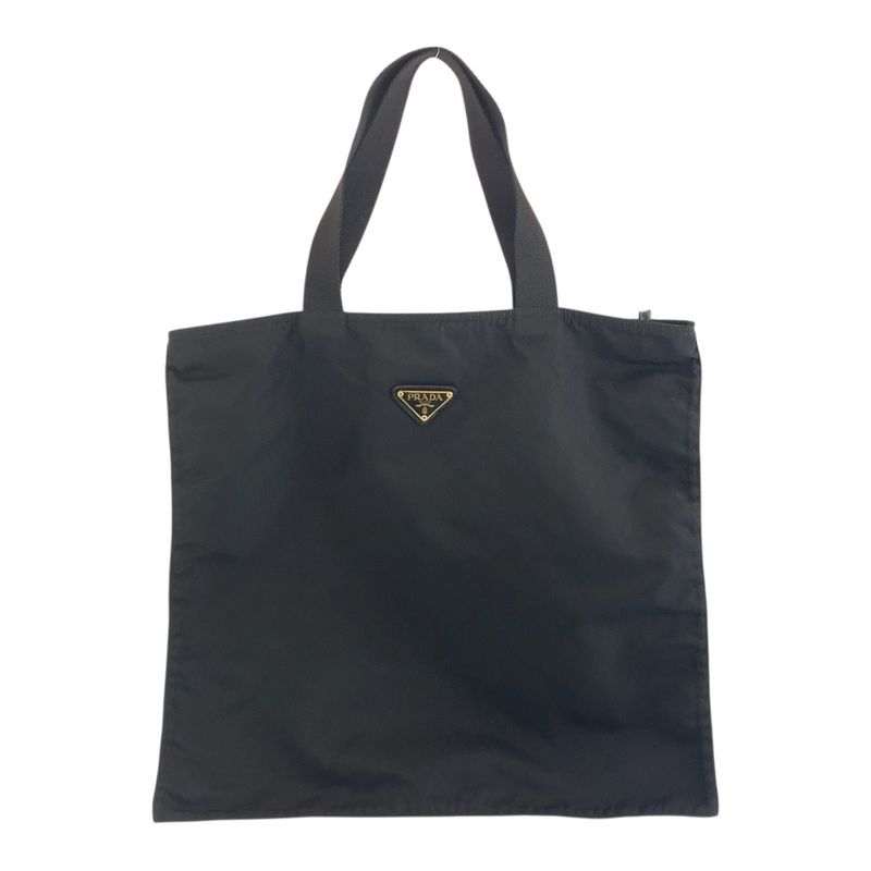 Prada Tessuto Triangle Logo Plate Black Gold Hardware Nylon Tote Handbag Ladies