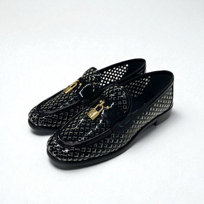 Louis Vuitton Chess Line Monogram Loafers Leather Shoes Patent Black Gold Logo