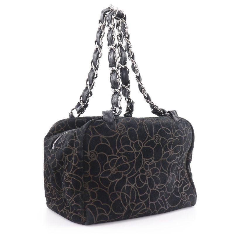 Chanel Camellia Chain Shoulder Suede Black Women's Tote Bag