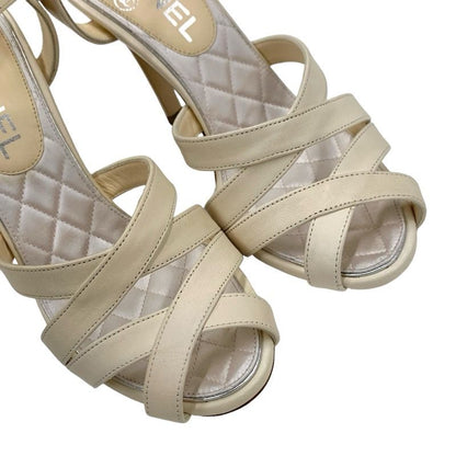 Chanel Sandals Shoes Leather Ivory Coco Mark Rhinestone