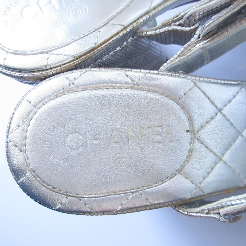 Good Chanel Chunky Heel Metallic Cles Zers Ring Back Sandals 35.5c Equivalent