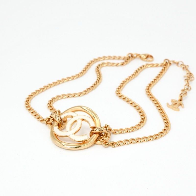 Chanel Necklace Pendant Choker Gold White Here Mark Circle