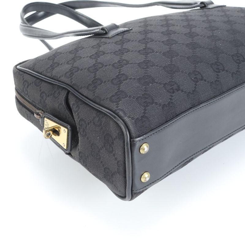 Gucci GG Canvas 90674 Leather Tote Bag Shoulder Hand Black Gold Hardware
