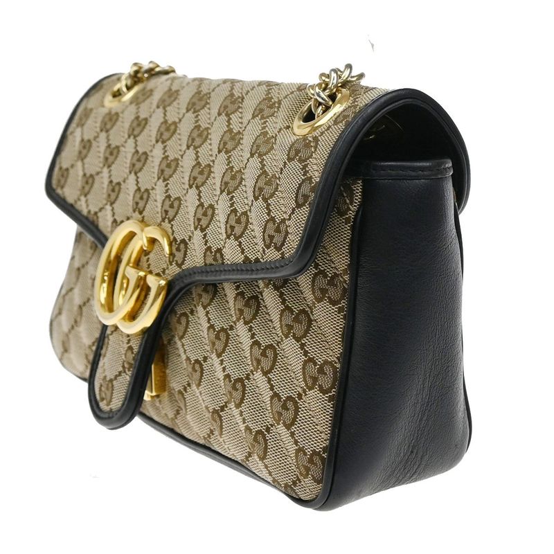 Gucci Marmont Chain Shoulder Bag Canvas Leather Beige Black 631ka861