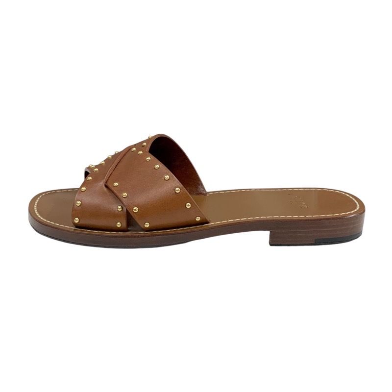 Celine Sandals Shoes Leather Brown Gold Flat Sandals Mules Studs
