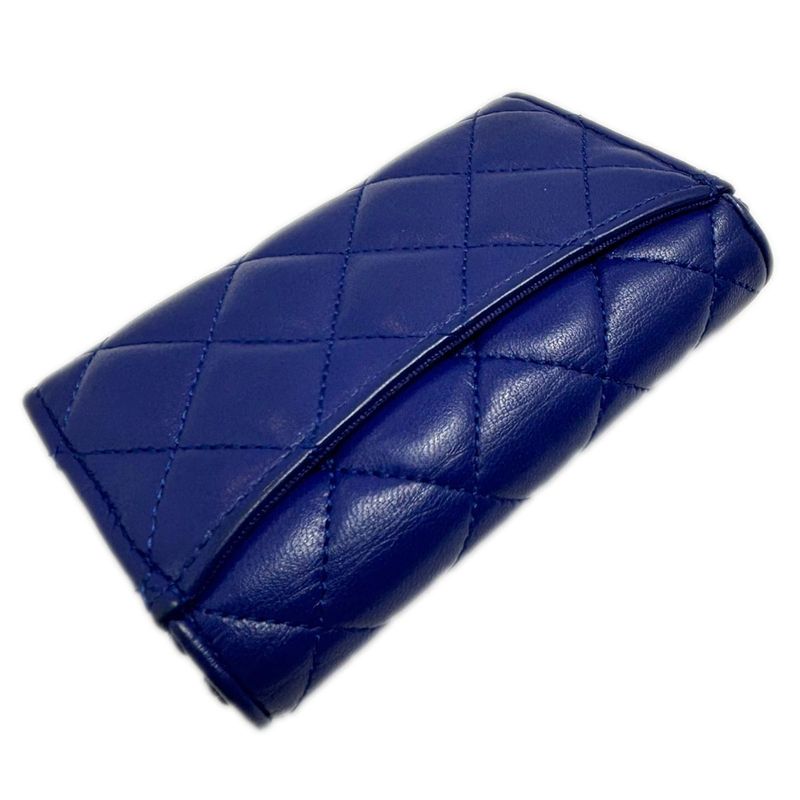 Chanel Card Case Business Holder Quilted CC Logo Lambskin Blue Silver