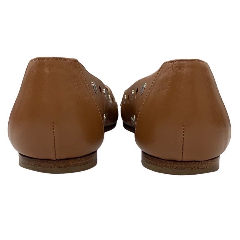 Hermes Flat Shoes Leather Brown Silver Punching Serie Button