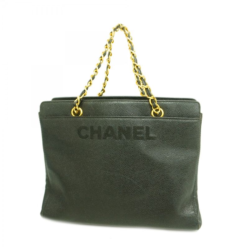 Chanel Handbag Caviar Skin Black Gold Hardware Chain Ladies