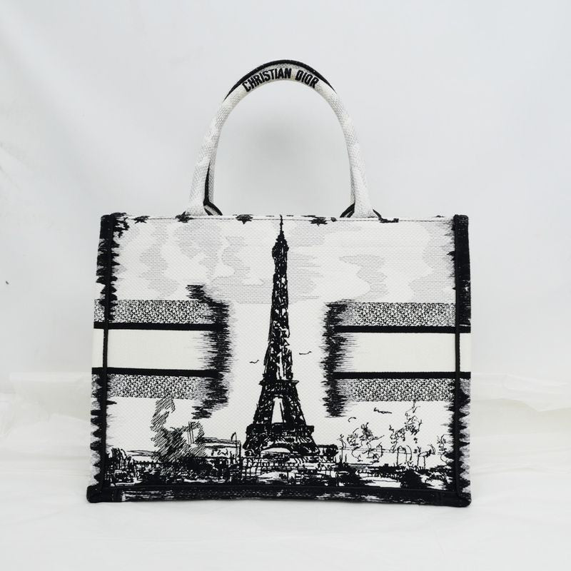 Christian Dior Book Tote Eiffel Tower Monotone Black And White Handbag