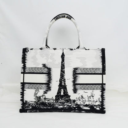 Christian Dior Book Tote Eiffel Tower Monotone Black And White Handbag