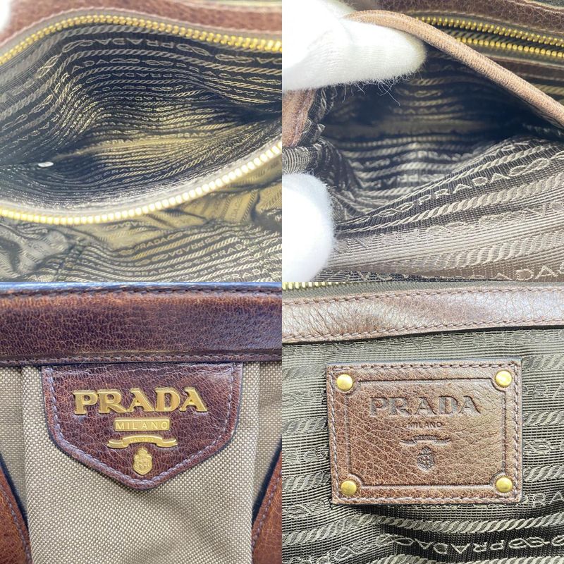 Prada Logo Jacquard Tote Handbag Leather Brown Beige Women Men Vintage Fashion