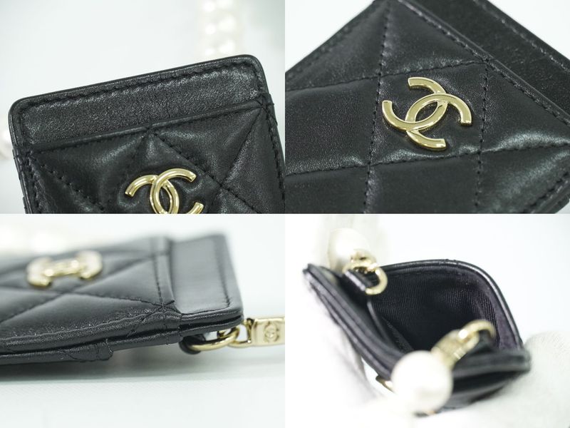 Authentic Chanel Coco Mark Matelasse Faux Pearl Chain Card Case Pass Case