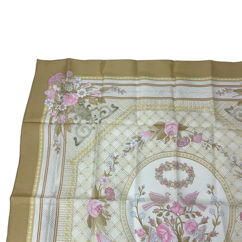 Hermes Large Scarf Silk Carre 90 JEUX DE Paille Straw Play Beige