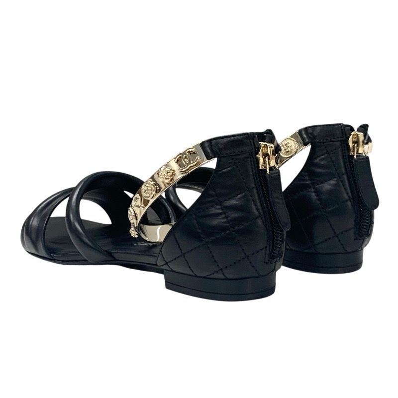 Chanel Sandals Shoes Leather Black Gold Coco Mark Icon Metal Strap Matelasse