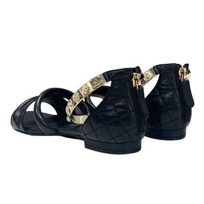 Chanel Sandals Shoes Leather Black Gold Coco Mark Icon Metal Strap Matelasse