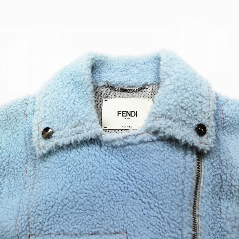 Fendi Lamb Mouton Double Riders Jacket Short Length Light Blue Size 40 Ap12-15-4